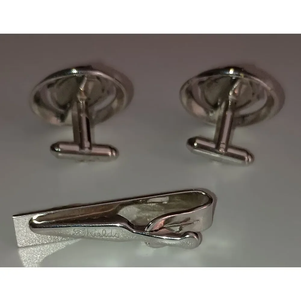 Vintage Cufflinks & Tie Pin Set - Silver Toned with Round Black Insert